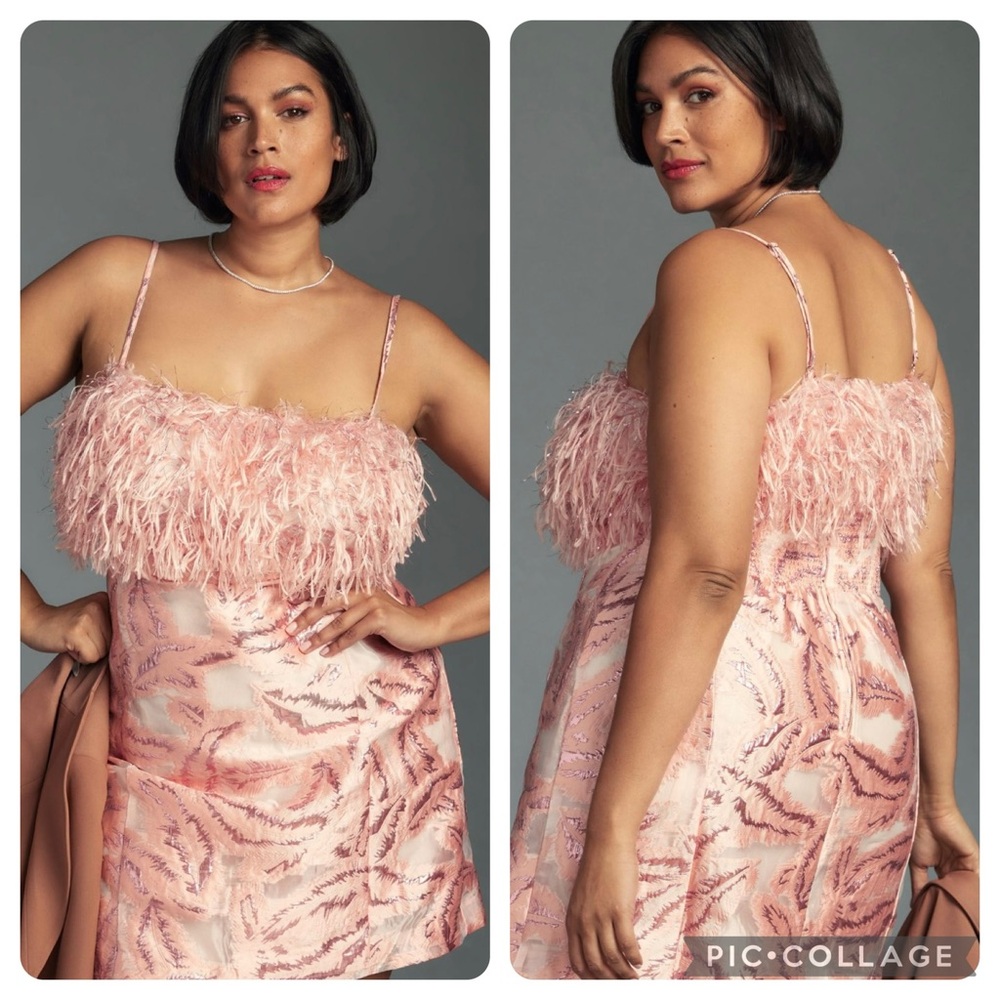 NWT Anthropologie Mini Dress 3X Pink Rose Strapless Feathered Metallic Formal